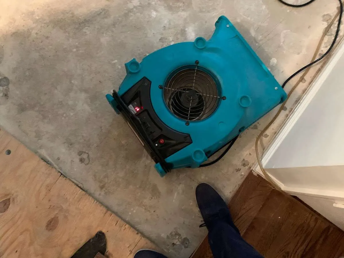 Air mover drying subfloor during Commercial Water Damage Restoration in Winton